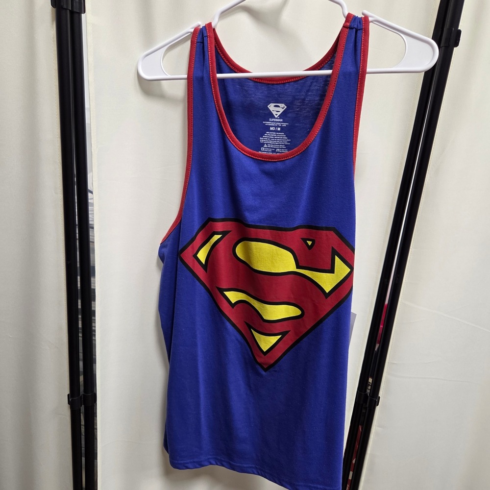 Superman Mens Graphic Tank Top Blue Red Ringer Shield Logo Mad Engine Size M